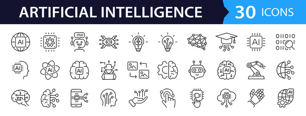Artificial intelligence set of web icons in line style. AI technology icons for web and mobile app. Machine learning, digital AI technology, algorithm, smart robotic, cloud computing network