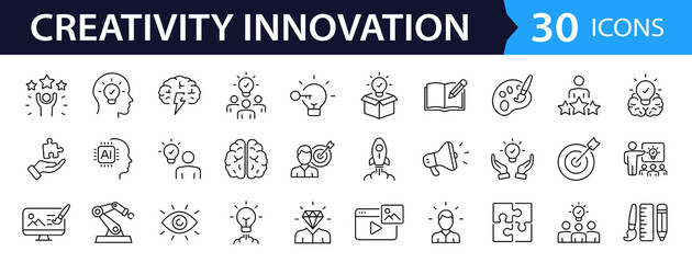 Creativity innovation set of web icons in line style. Creative business solutions icons for web and mobile app.Creative idea, team management, solution, brainstorming, invention. Vector illustration
