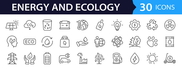 Green energy set of web icons in line style. Ecology icons for web and mobile app. Solar panel, recycle, eco, green electricity, nature, bio, power, water, power and more. Editable stroke