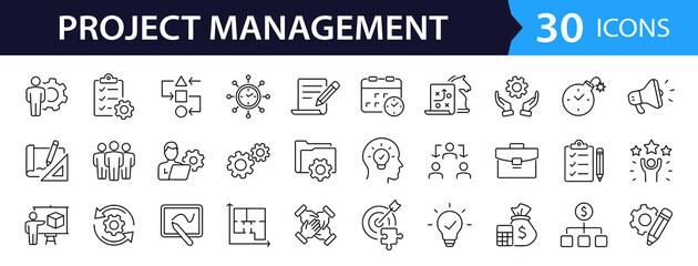 Project management set of web icons in line style. Business or organisation management icons for web and mobile app. Time management, planning,  project, startup, marketing. Vector illustration