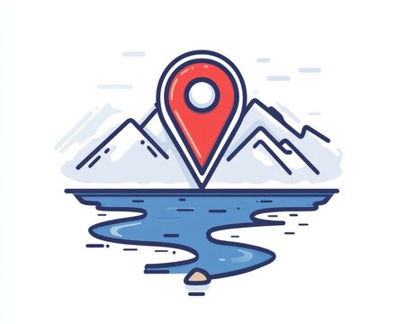 A creative floating red location icon with a bold outline and clean design, white background 