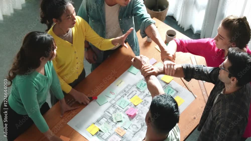 Poster top view of smart business team work together and holding wrist together at meeting room. aerial vie