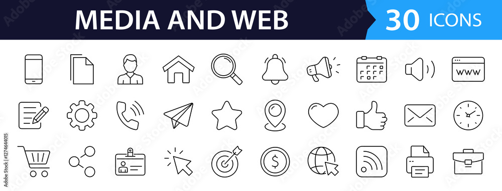 Poster media and web set of web icons in line style. social media icons for web and mobile app. containing 