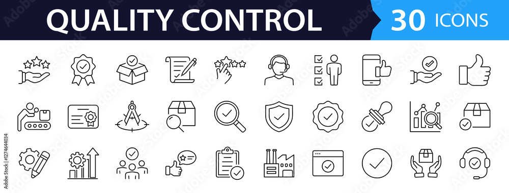 Poster Quality control set of web icons in line style. Quality Check computing icons for web and mobile app. Containing inspection, evaluation, production, quality assurance, certificate, testing and more