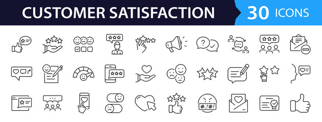 Customer satisfaction set of web icons in line style. Feedback icons for web and mobile app. Containing rating, like, dislike, customer experience, review, client satisfaction, testimonial and more