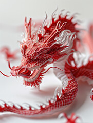 Red and white paper dragon with intricate detailing.