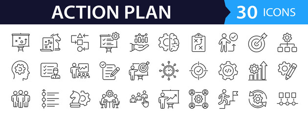 Action plan set of web icons in line style. Strategy action planning  icons for web and mobile app. Containing strategy, analysis, planning, strategy, analysis, tasks, goal, implementation and more © SMUX