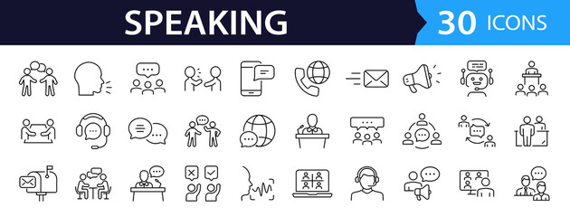 Speaking set of web icons in line style. Communication icons for web and mobile app. Containing people, communication, talking, discussion, speech bubble, team, support and more