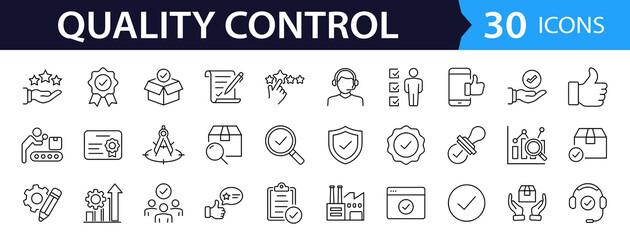 Quality control set of web icons in line style. Quality Check computing icons for web and mobile app. Containing inspection, evaluation, production, quality assurance, certificate, testing and more