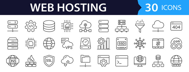 Web hosting set of web icons in line style. Hosting and cloud computing icons for web and mobile app. Containing webspace, data exchange, domain, cloud, website, server, traffic and service and more