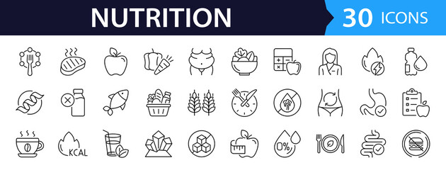 Nutrition set of web icons in line style. Healthy food linear icon collection. Containing food, vegetables, water, palm oil free, сaunt calories, zero trans fat, probiotics and more. Editable stroke