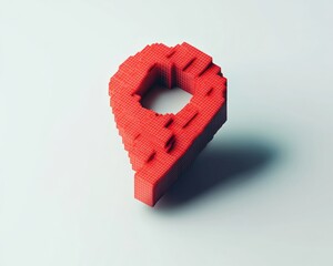 A digital pixel art location icon in bright red, minimalist and sharp on white