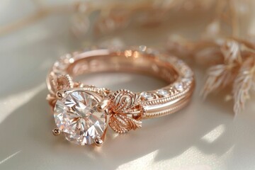 Fototapeta premium Elegant rose gold engagement ring with a large diamond and intricate floral design on a soft background