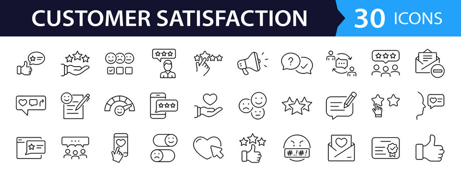 Customer satisfaction set of web icons in line style. Feedback icons for web and mobile app. Containing rating, like, dislike, customer experience, review, client satisfaction, testimonial and more