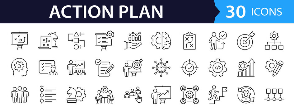 Action plan set of web icons in line style. Strategy action planning  icons for web and mobile app. Containing strategy, analysis, planning, strategy, analysis, tasks, goal, implementation and more