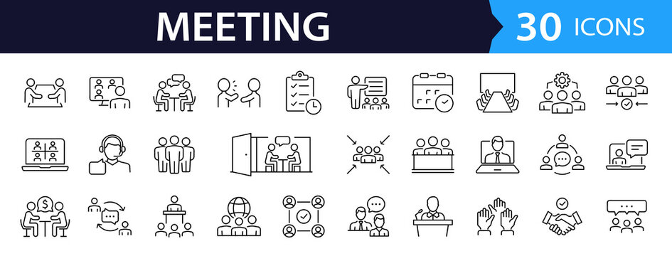 Meeting set of web icons in line style. Live webinar icons for web and mobile app. Containing conference, business meeting, classroom, team, interview, conference, work, discussion and more