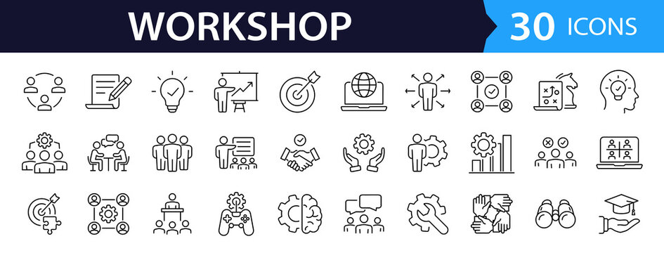 Workshop set of web icons in line style. Business Workshop icons for web and mobile app. Containing team building, teamwork, coaching, meeting, managing, coaching, motivation and more