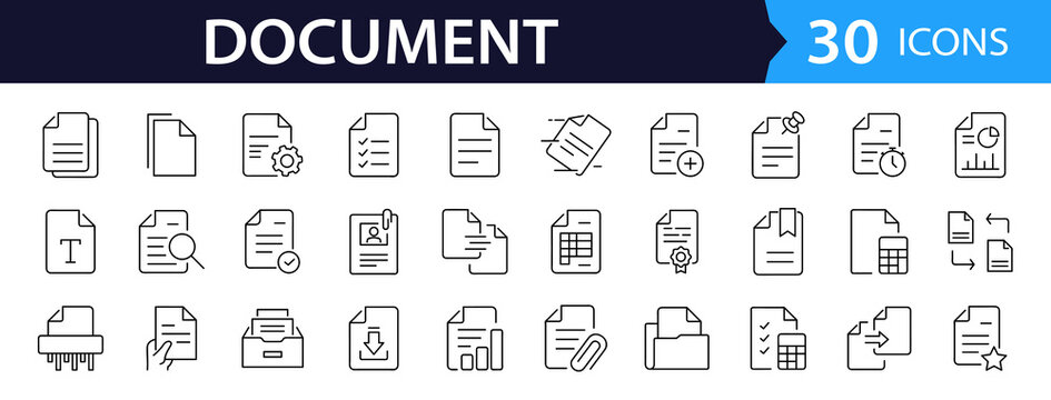 Document set of web icons in line style. Documents linear icon collection. Containing contract papers, folder, certificate, accept, approved, clipboard, invoice, archive and more. Editable stroke