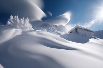 Snow-covered landscape featuring a secluded cabin under dramatic cloud formations