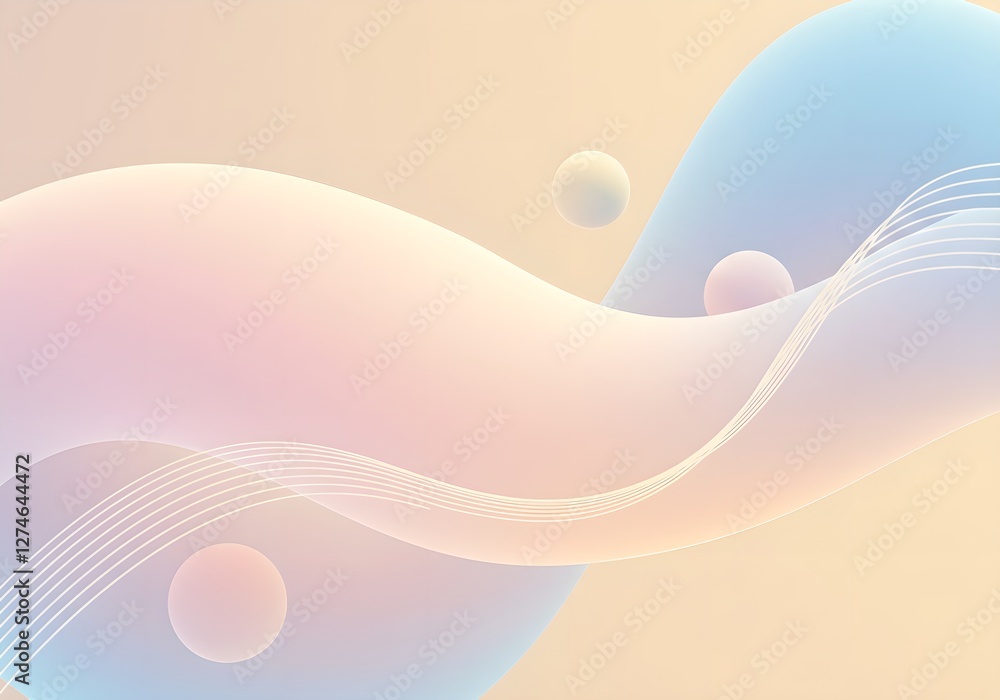 Poster pastel abstract background with flowing waves and floating spheres. soft colored digital art for gra