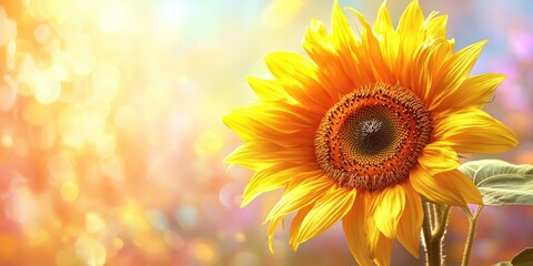 Obraz premium A bright yellow sunflower blooming with vibrant petals, set against a backdrop of sunlight and bokeh. A lively summer garden scene.