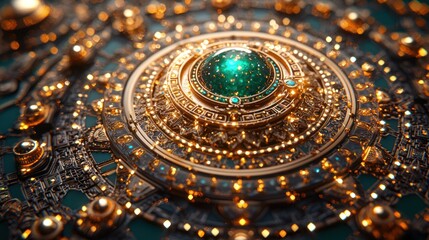 Fototapeta premium Emerald jewel in ornate gold cosmic clock; mystical background; fantasy art, game asset