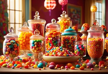 Fototapeta premium vibrant candy collection displaying playful textures bright colors whimsical arrangement sweets treats, candies, sugar, chewy, gummy, chocolate, lollipop, hard