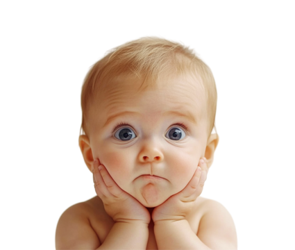 Concerned worried anxious baby transparent PNG, isolated background cutout. Afraid funny grimace toddler