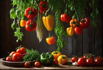 suspended fresh ingredients dynamic vibrant colors showcasing culinary artistry bounty, vegetable, fruit, green, yellow, orange, purple, design, display