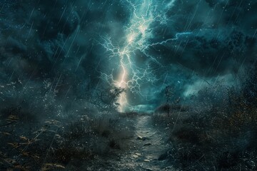 Fototapeta premium Majestic stormy night sky with dramatic lightning illuminating dark clouds over the ocean