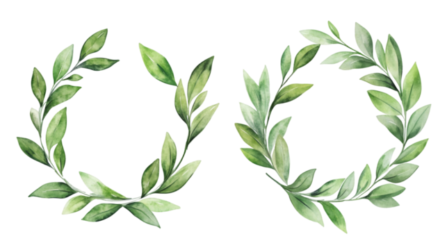 Green circular leaves forming elegant wedding wreaths on transparent backdrop, ideal for botanical graphic design projects