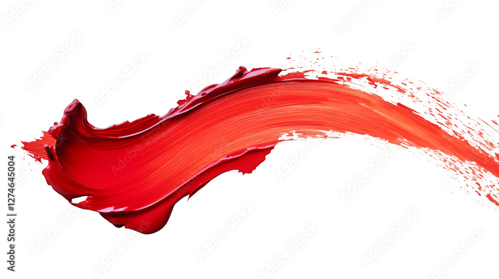 Poster vivid red paint brushstroke curving boldly, sweeping across transparent surface with dynamic artisti