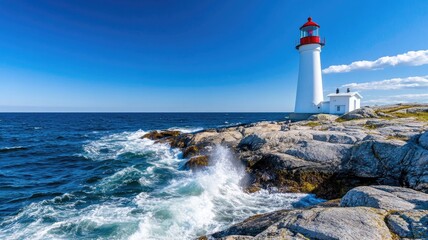 Obraz premium Lighthouse on rocky coast with waves crashing against shore under clear blue sky