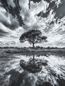 A stunning nature scene with a dramatic sky and serene tree reflected on the surface of the water. Tranquility and peaceful moments in the viewer.