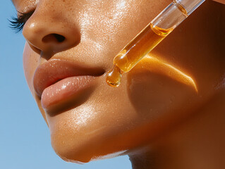 Applying glow serum on radiant skin outdoor setting beauty photography natural light close-up skincare routine