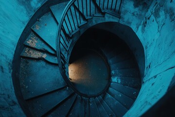 Obraz premium The curved spiral staircase is an architectural feature with metallic rails. Its blue steps contrast with the surrounding concrete floors, hinting at urban decay.