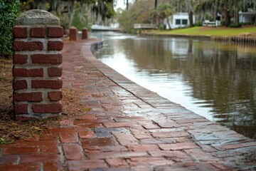 A walkway of red bricks leading towards a calm water body, set against the backdrop of an urban riverfront.