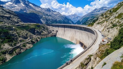 Massive dam with reservoir in scenic mountainous landscape under bright sky