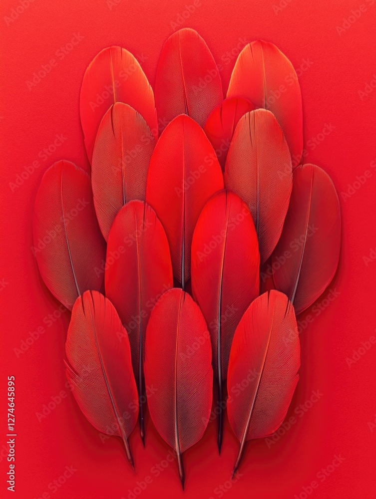 Poster a striking display of red bird feathers against a vibrant red backdrop, creating an abstract and tex