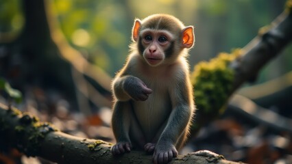 Fototapeta premium A young monkey sitting on a branch in a forest, perfect for a monkey wallpaper.