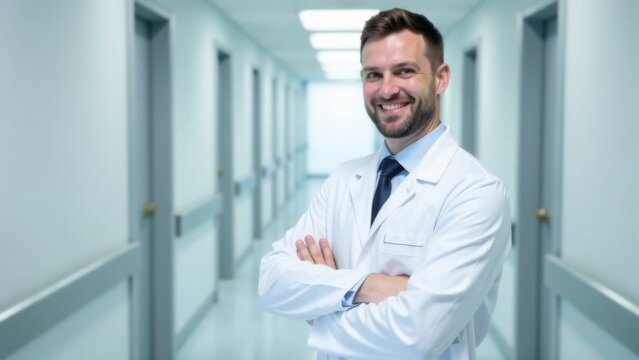smiling male doctor in white professional clothes standing looking at camera with arms folded on chest, blurred white hospital corridor on background
