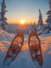 Sunset over a snow-covered landscape during cross-country skiing.