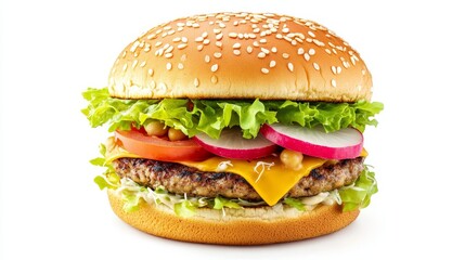 A chickpea burger on a sesame bun with lettuce, chickpeas, guacamole, shredded cheddar cheese, tomatoes, radish, and sprouts close-cut on a white background