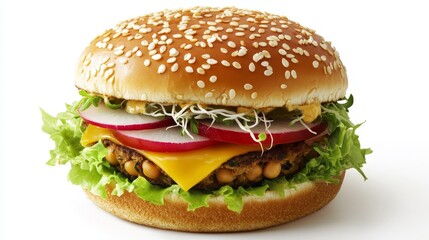 A chickpea burger on a sesame bun with lettuce, chickpeas, guacamole, shredded cheddar cheese, tomatoes, radish, and sprouts close-cut on a white background