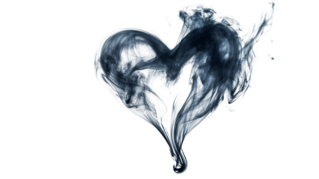 Dark smoke curling, creating heart-shaped silhouette on transparent backdrop, symbolizing emotional depth and connection