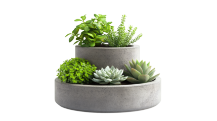 Double concrete planter housing multiple succulents like Echeveria and Soleirolia soleirolii, minimalist white setting