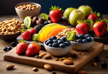 colorful snack composition eye catching social media presentation featuring tasty ideal engaging visual content, arrangement, fruit, nuts, treat