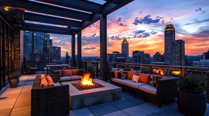Obraz premium A modern rooftop lounge with stylish outdoor seating, a firepit, and panoramic views of the cityscape under twilight skies.