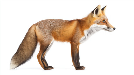 Obraz premium side view of a fox has a sleek, agile body with a pointed snout, large triangular ears, slender legs, and a bushy tail, giving it a distinctive and elegant appearanc isolated on white background 