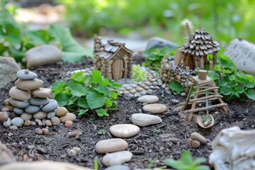 Miniature stone cottage in a vibrant garden surrounded by colorful flowers and decorative elements showcases a peaceful outdoor setting